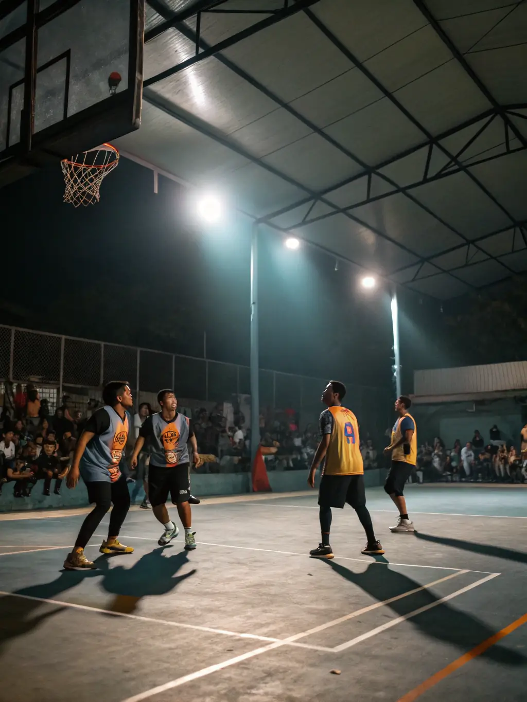 A photo of a basketball game in a local gymnasium, capturing the excitement and competitive spirit of the sport.