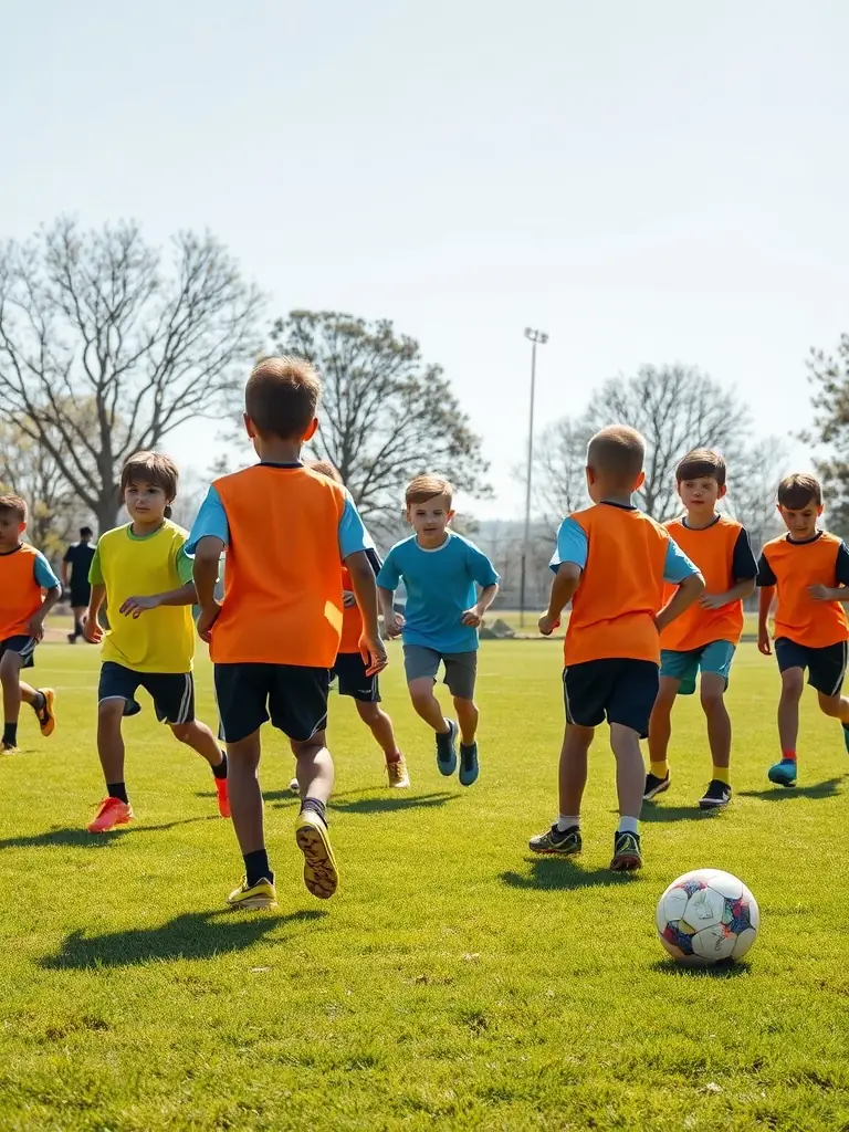 A group of children playing soccer on a sunny field, wearing SAINT-CYR-EN-VAL SPORTS UNION jerseys, showcasing youth sports programs.