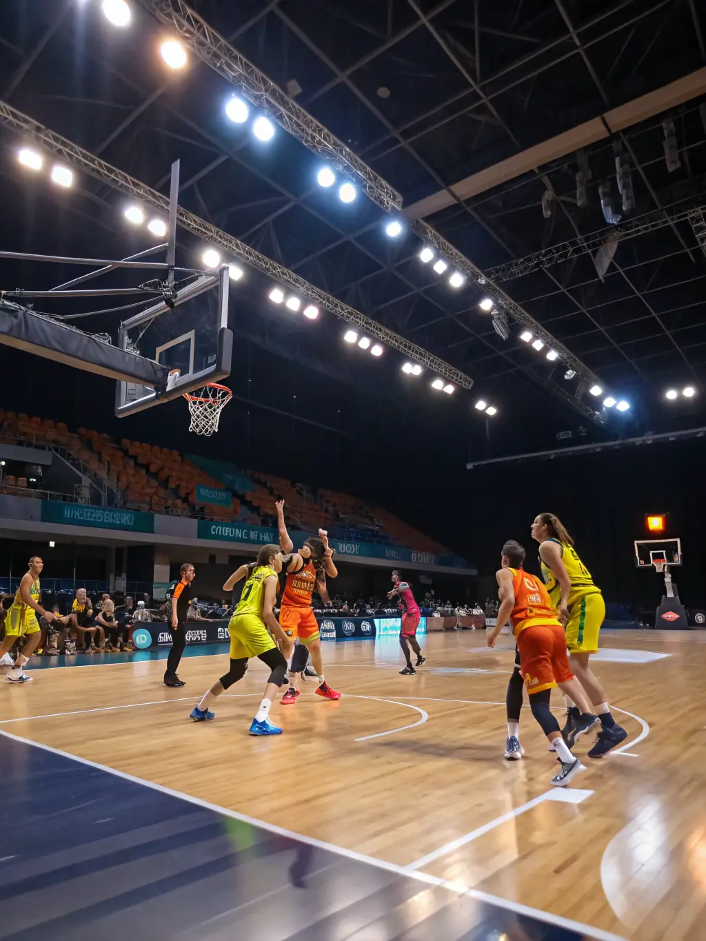 Adults participating in a basketball game in a gymnasium, representing the adult sports leagues offered by SAINT-CYR-EN-VAL SPORTS UNION.