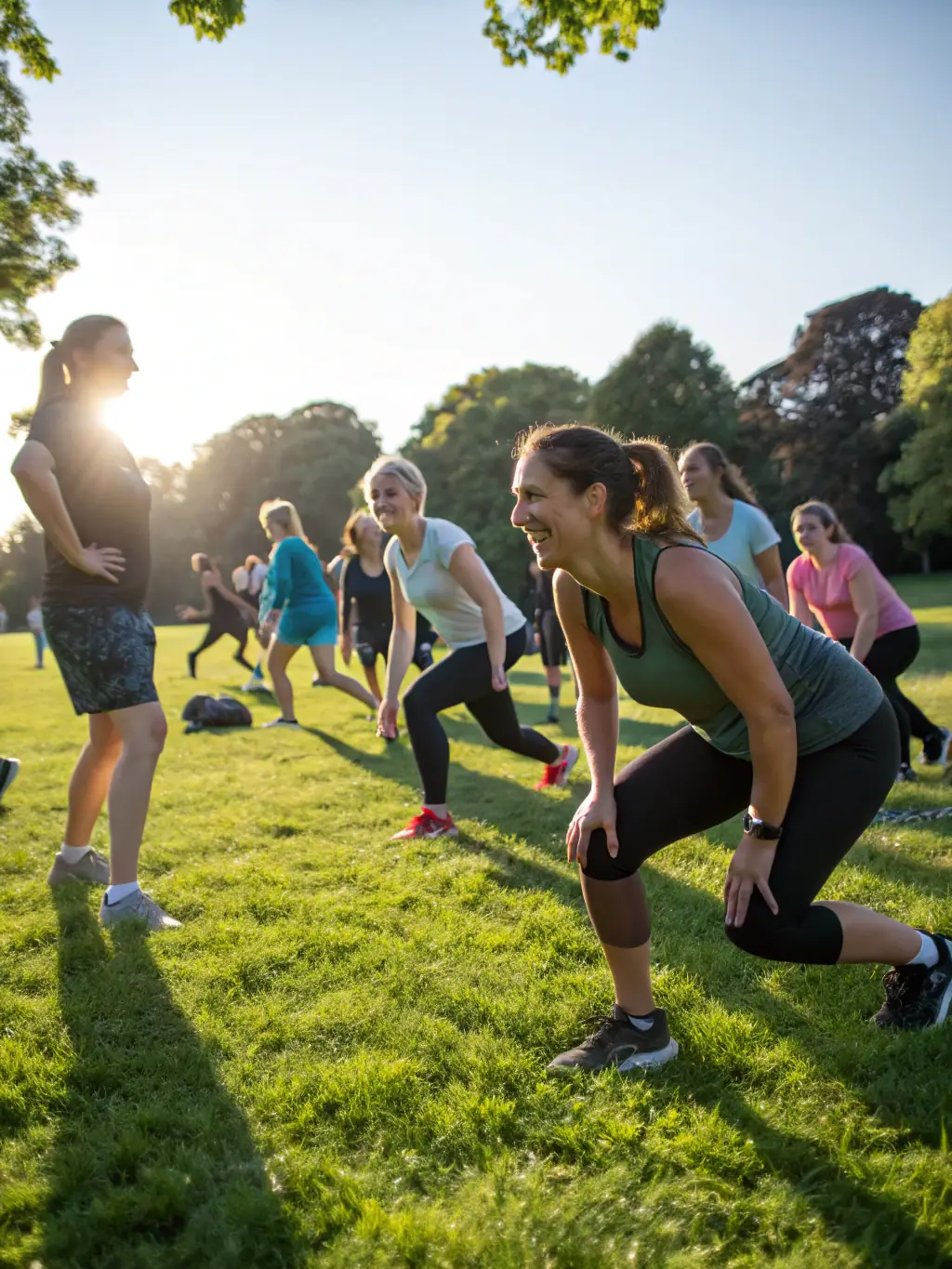 An image of adults participating in a group fitness class in a park, emphasizing the inclusivity and health benefits of the program.