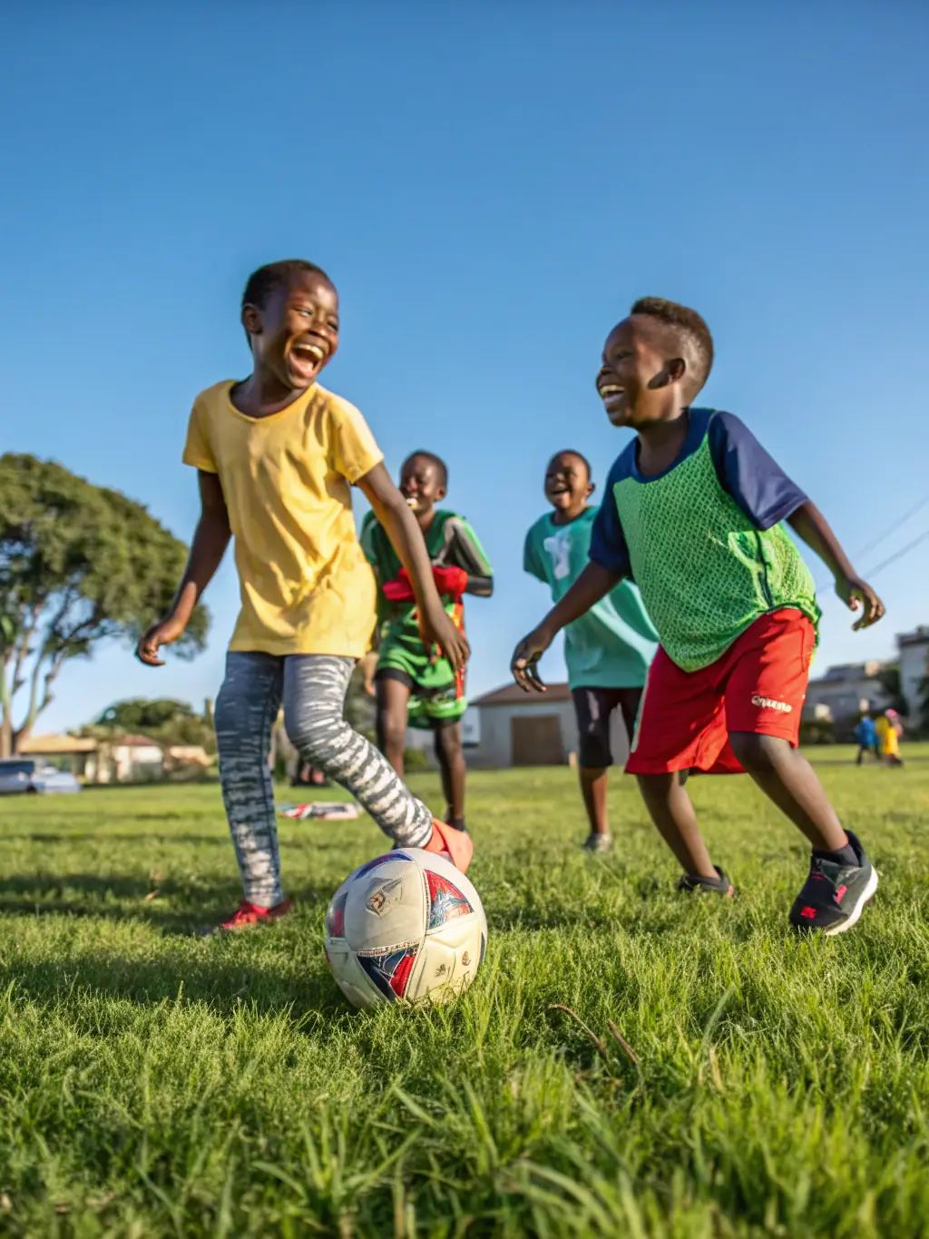 A dynamic image of a group of children playing soccer on a sunny field, showcasing the energy and teamwork involved in the sport.