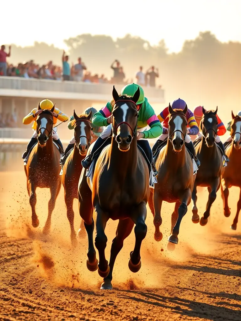 A dynamic image capturing the excitement of a horse race, with horses thundering down the track and spectators cheering from the stands, showcasing the thrill of the event.