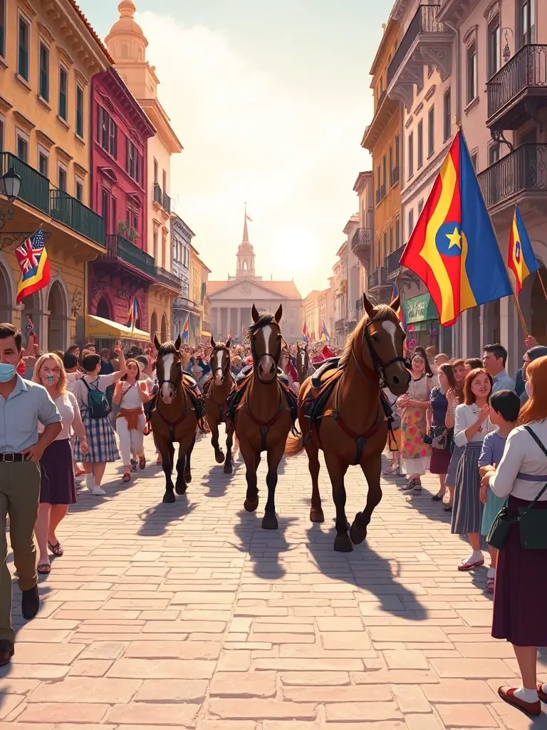 A picturesque scene of a horse parade through the town of Compiègne, celebrating the equine breed and engaging the local community in a festive event.