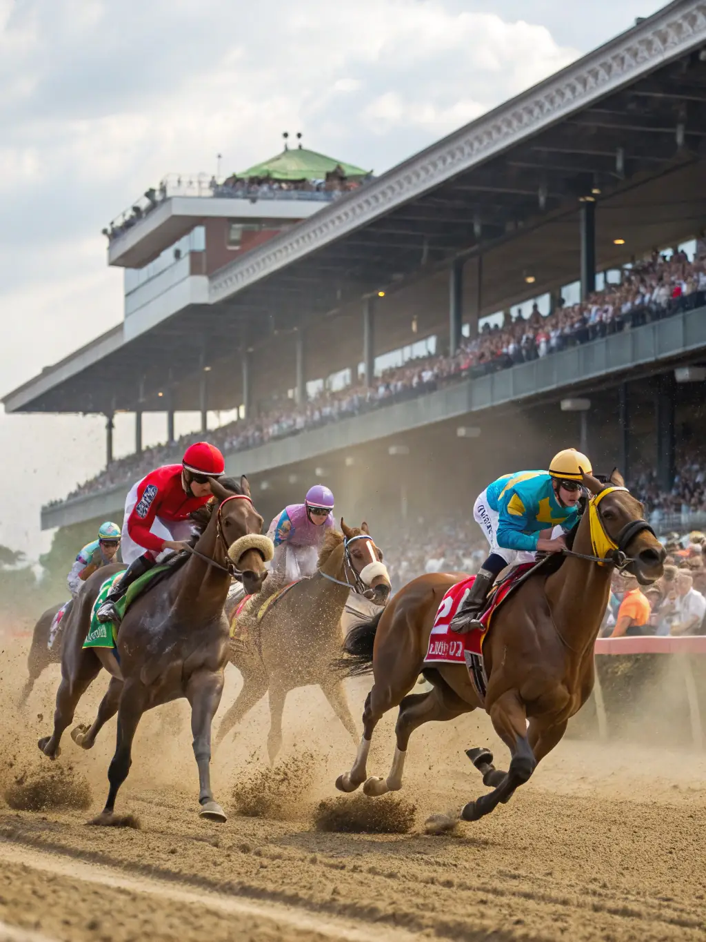 A vibrant photograph capturing the excitement of a horse race at the Compiègne racecourse, with horses thundering down the track and spectators cheering in the stands.