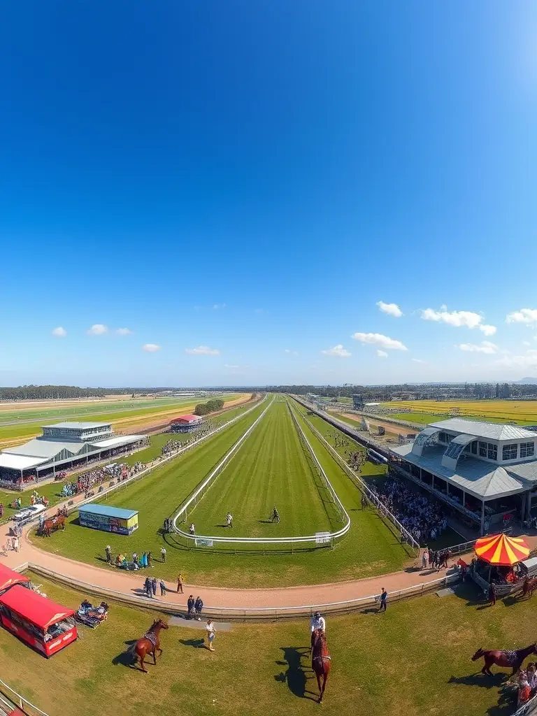 A vibrant photo capturing the excitement of a horse race at the Compiègne racecourse, showcasing horses thundering down the track with jockeys in colorful silks, under a clear blue sky.