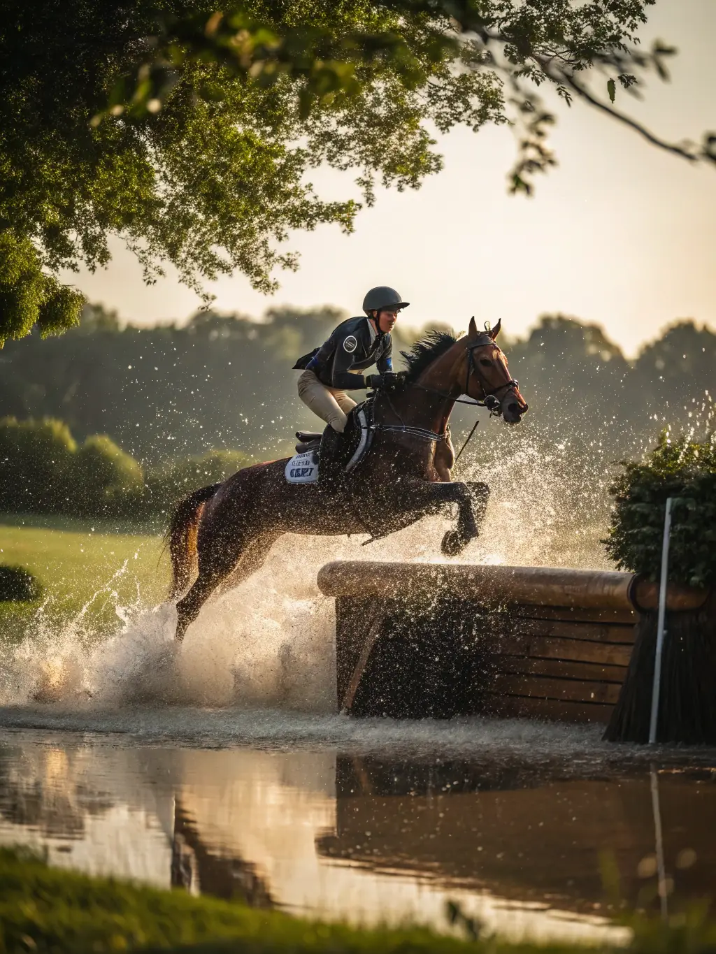 A dynamic shot of a horse show jumping competition at the Compiègne racecourse, demonstrating the skill and athleticism of both horse and rider.