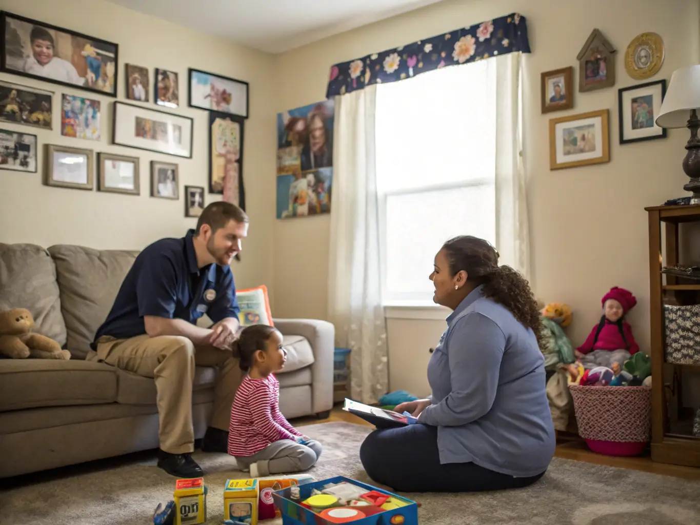 A family receiving support and guidance from a social worker in a warm, welcoming setting, illustrating PRO.RE.SAP's Family Support Programs.
