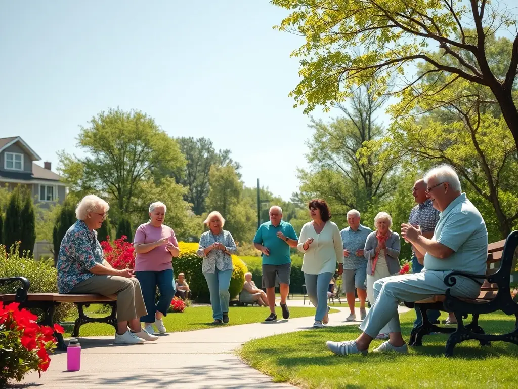 A group of elderly individuals engaging in a light exercise session outdoors, showcasing PRO.RE.SAP's Autonomy and Well-being Activities.