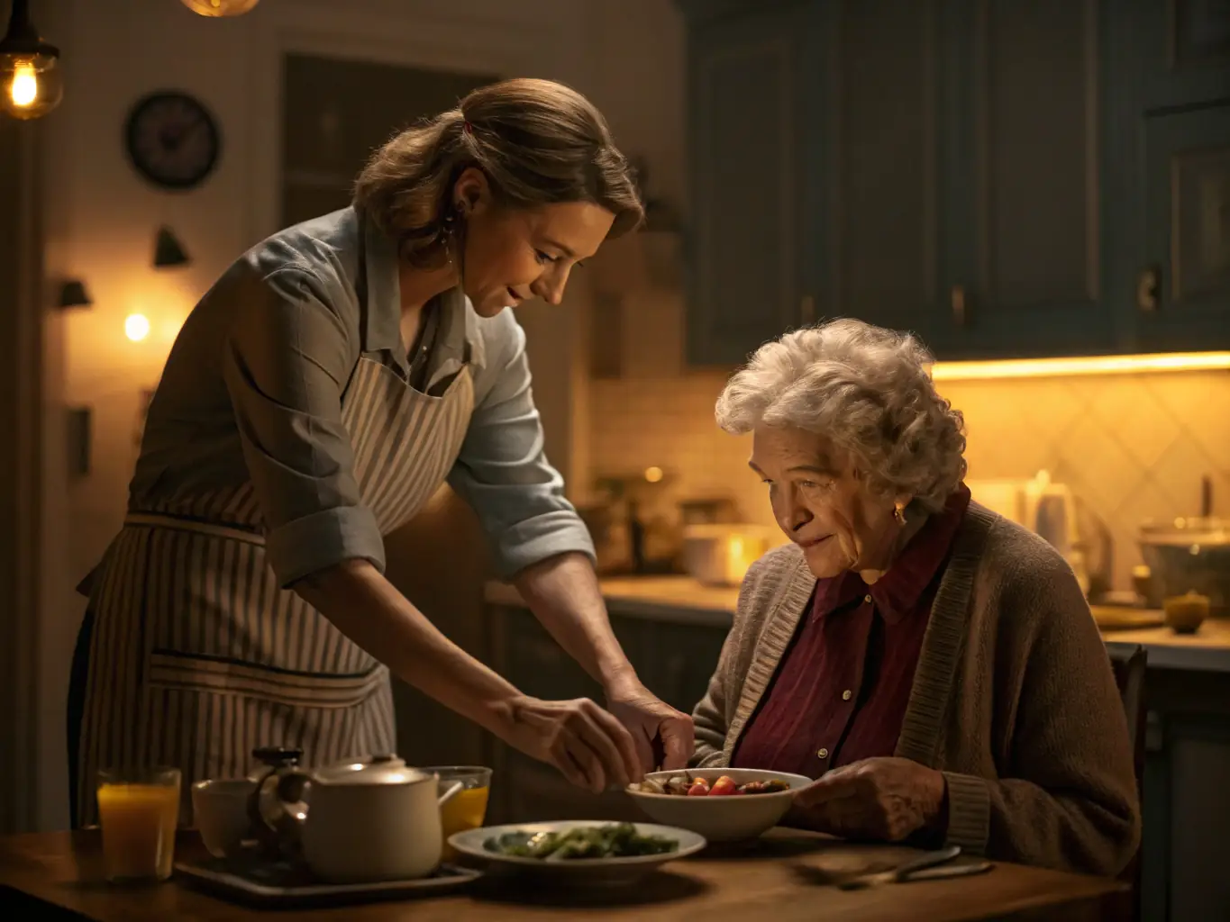 A caring professional assisting an elderly person with daily activities in a cozy home environment, representing PRO.RE.SAP's Home Assistance program.