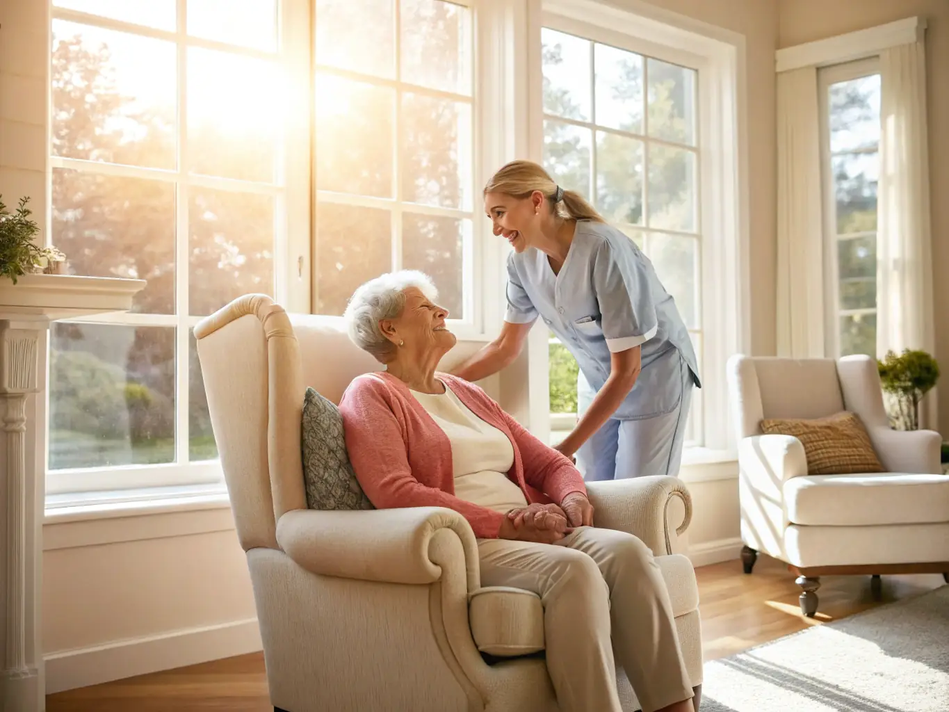 A caring professional assisting an elderly person with daily activities in a cozy home environment, symbolizing PRO.RE.SAP's commitment to home assistance.