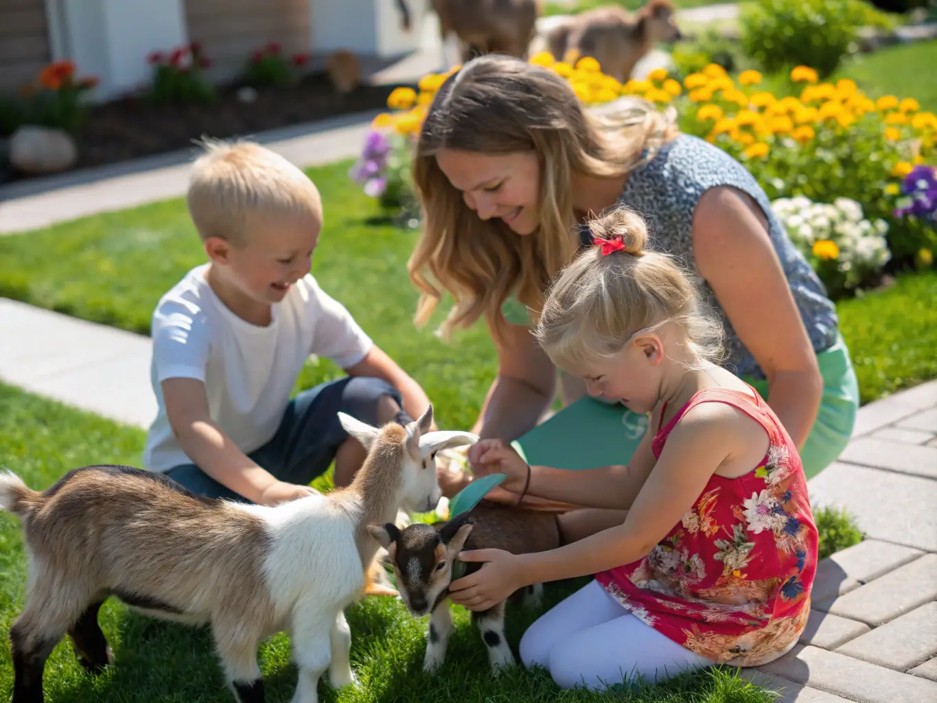 A group of diverse individuals, including children and adults, are happily interacting with horses in a sunny, open field, showcasing the inclusive environment of ECURIES DE LOU BAYLE.