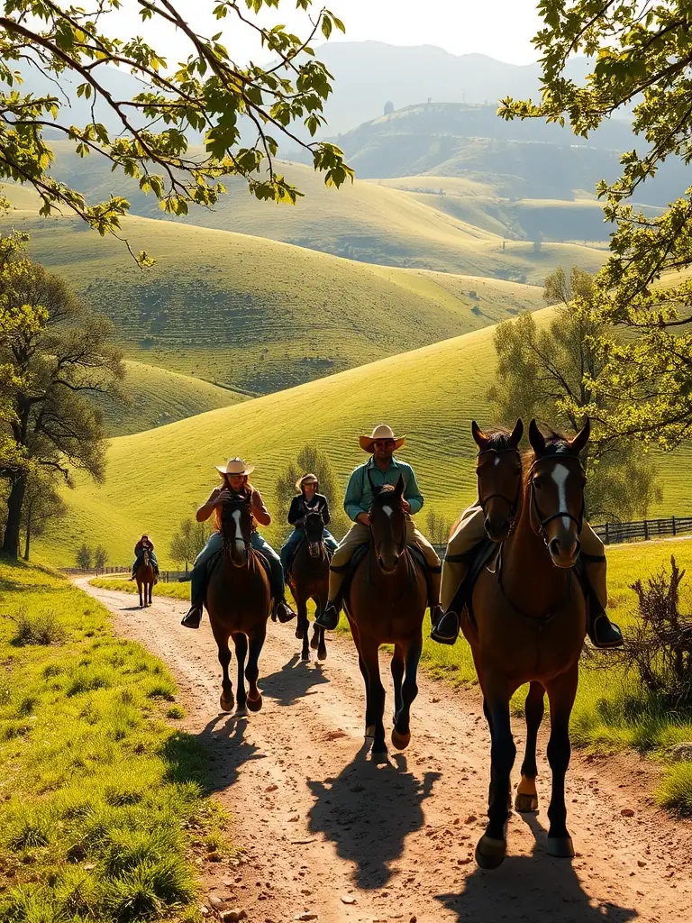 A family participating in a guided nature walk, learning about local flora and fauna, with horses grazing peacefully in the background at ECURIES DE LOU BAYLE.
