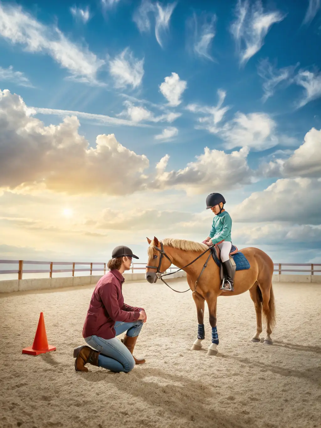 A group of children learning basic horse riding techniques in an outdoor arena at ECURIES DE LOU BAYLE, with instructors guiding them.