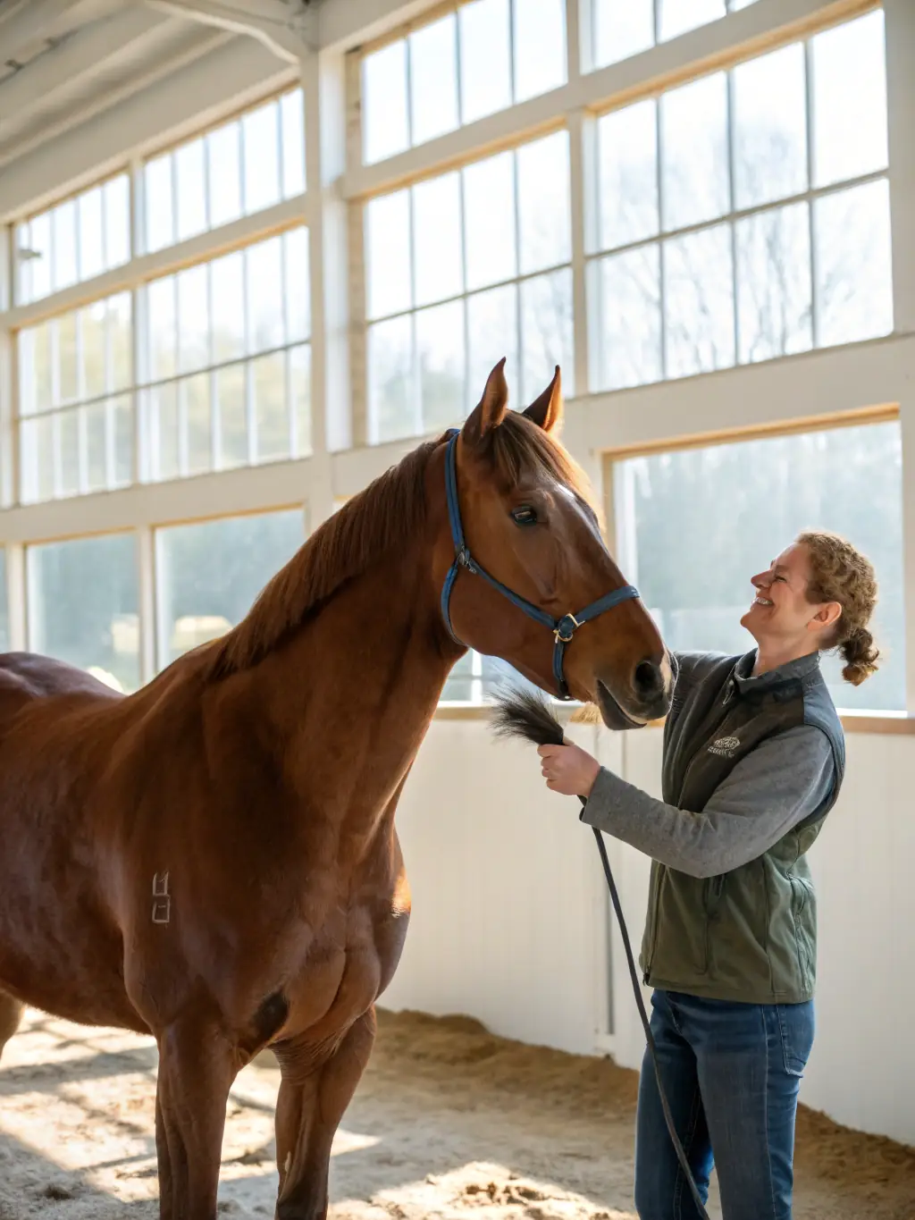 A group of children learning to groom horses at ECURIES DE LOU BAYLE, showcasing the hands-on experience provided in the horse riding lessons program.
